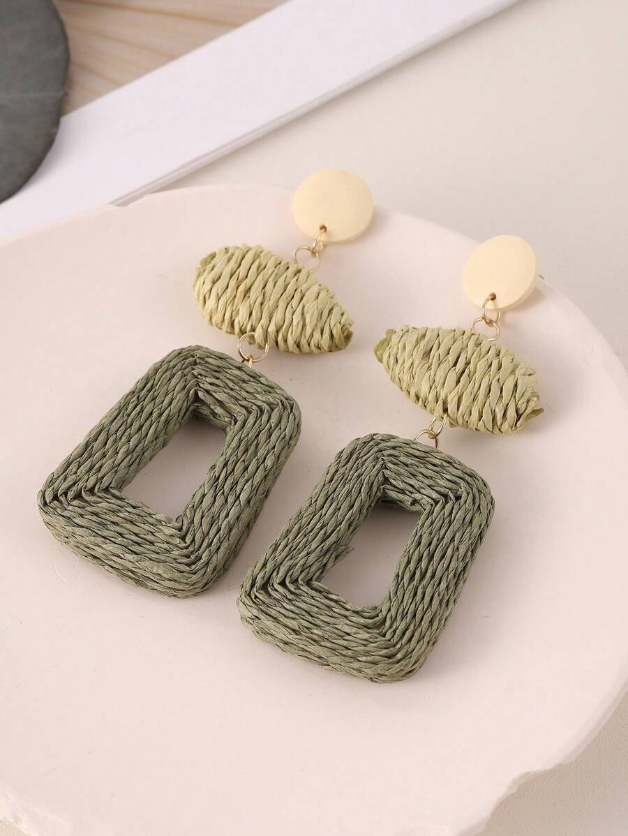 1pair Handmade Woven Paper Rope Earrings With Geometric Patchwork Design And Colorful Contrasting, Perfect For Vacation And Party Outfits - Dark Green - View 1