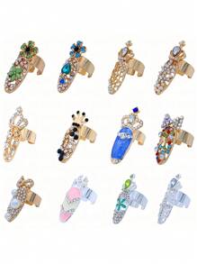 Conjunto De 12 Anillos Para Uñas Para Mujeres Con Diseño Exquisito Para Arte De Uñas, Decoraciones De Moda Con Anillos De Cristal Con Forma De Lazo Y Corona, Accesorios De Encanto Colgantes Y Vintage En Plata Y Oro Para Uñas Puntiagudas De Los Dedos - Dorado - Ver 2