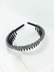 1入時尚女式復古絨面鑲嵌鑽石和牙齒設計頭帶，防滑洗臉扣髮帶，可用於修剪劉海或裝飾頭飾 - 黑色 - 查看 4