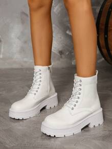 Women's Casual Fashionable Mid-Calf Boots With Lace-Up & Side Zipper, White, Students' New Arrival - White - View 4