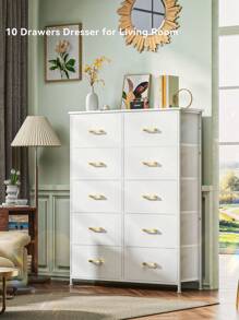 GINRGINR 10 Drawers Tall Fabric Dresser for Bedroom, Storage Tower White Dresser Organizer for Closet, Accent Drawer Dresser with Woodtop, Chest of Drawers for Bedroom, Living Room, Nursery, Office, Chest of Drawers with Metal Handle, Leather Finish, Wood Top, Glacier White, 33.7" W x 11.8" D x 47.2" H - trắng - Xem 2