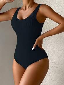 Costume da bagno intero monocolore con scollo a barca, adatto per le vacanze estive - nero - Visualizzare 3