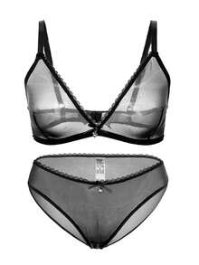 2pcs/set Women's Perspective Lingerie Bra And Panties Set - Black - View 3