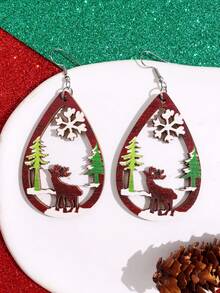 2入組/1對卡通可愛聖誕鹿森林主題木質水滴形空心垂墜耳環,派對珠寶假日禮物 - 彩色 - 查看 2