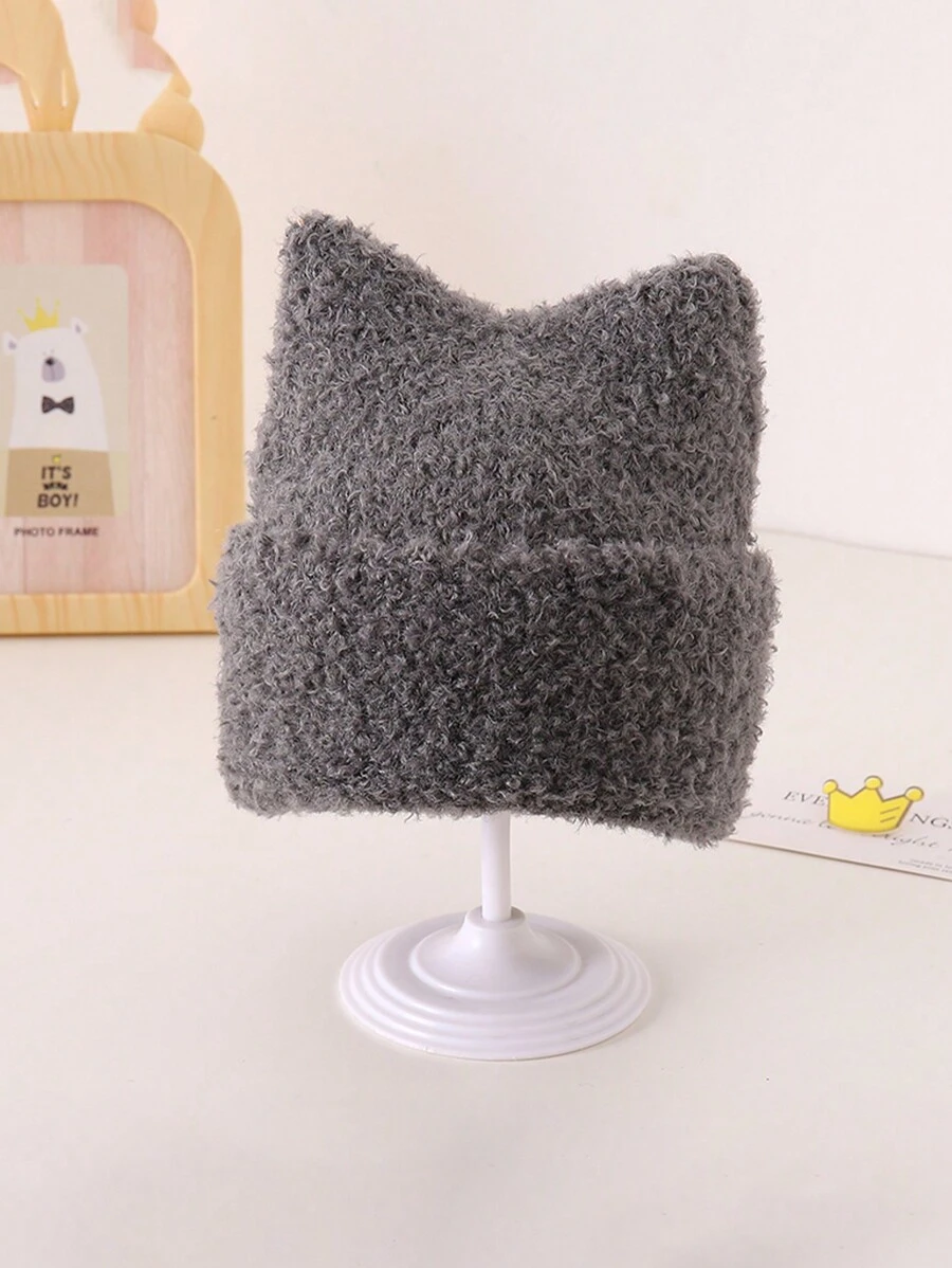 1pc Kids' Solid Color Plush Ear Knitted Hat, Suitable For Warmth And Daily Wear In Fall And Winter - Grey - View 1