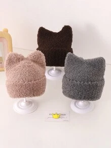 1pc Kids' Solid Color Plush Ear Knitted Hat, Suitable For Warmth And Daily Wear In Fall And Winter - Grey - View 2