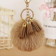 1 件流苏装饰绒球钥匙扣包包挂饰汽车配饰女士钥匙链挂饰可爱物品 - 卡其色 - 查看 2