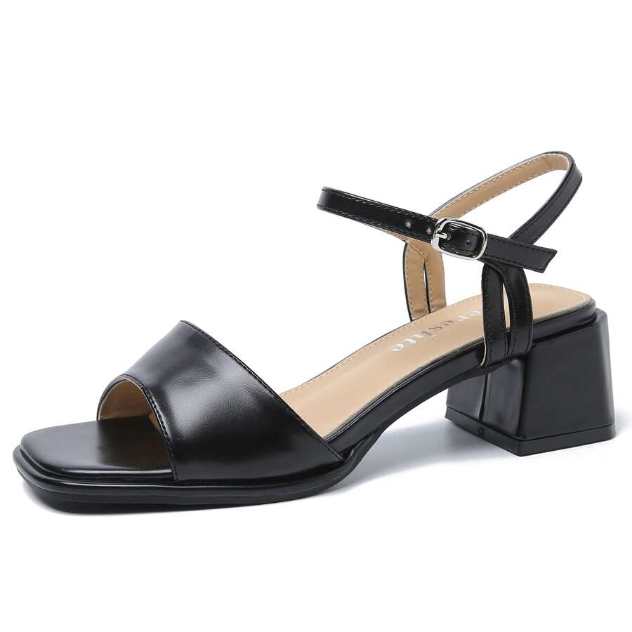 Women's Ankle Strap Heeled Sandals Open Toe Strappy Low Block Heels Sandals - 黑色啞光 - 查看 1