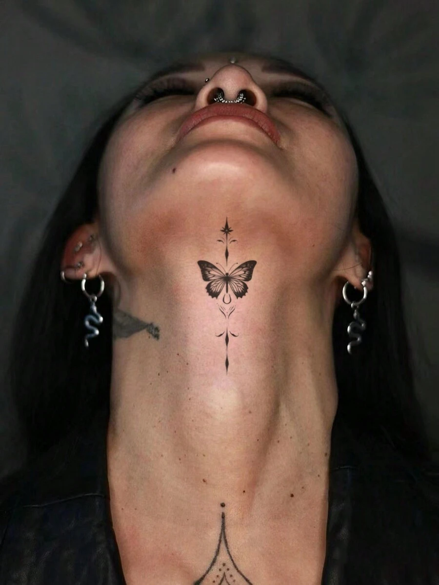 1張黑蝴蝶、文字和脊椎花紋暫時性刺青貼紙,適用於手臂、手腕和身體 - 黑色 - 查看 1