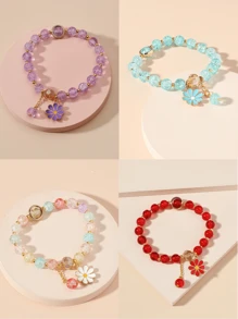 Flower Charm Beaded Bracelet - Purple - View 1