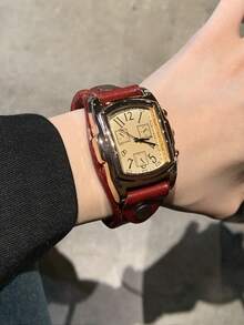 1 件玫瑰金矩形中性手表，带超大表盘，石英机芯，复古风格，旋入式表圈，休闲时尚情侣手表