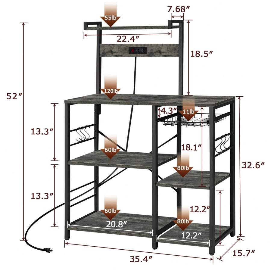 SUPERJARE Bakers Rack with Power Outlet, Microwave Stand with Wire