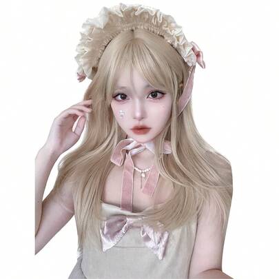 alicegarden 1 Bộ tóc giả thẳng chịu nhiệt tổng hợp 22 inch có tóc mái màu vàng, làm bằng sợi, thích hợp để sử dụng hàng ngày, tóc giả tự nhiên và chân thực