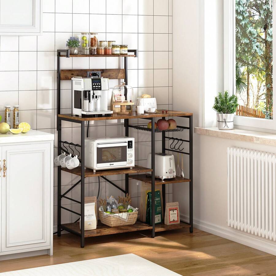 SUPERJARE Bakers Rack with Power Outlet, Microwave Stand with Wire