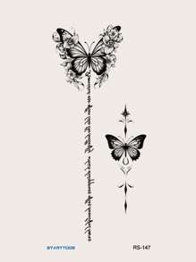 1張黑蝴蝶、文字和脊椎花紋暫時性刺青貼紙,適用於手臂、手腕和身體 - 黑色 - 查看 2