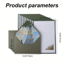 16個/套油畫圖案信封和信紙套裝,包括6個信封和10張紙 - 墨綠色 - 查看 2