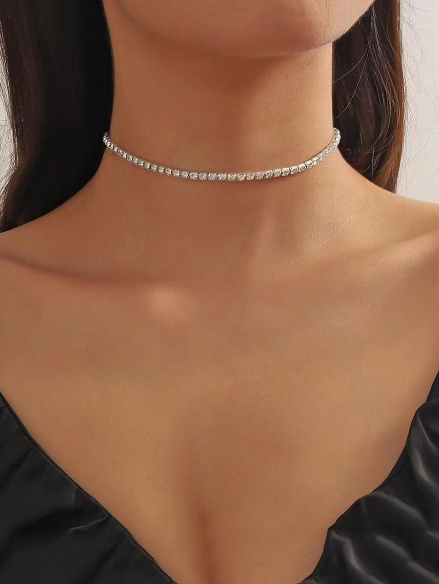 1pc Women Silver-Color 3-Row Sparkling Cubic Zirconia Rhinestone Necklace, Ideal For Party/Holiday Wear - Silver - View 1