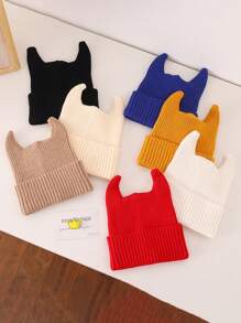 1pc Children's Knit Devil Horn Beanie, Suitable For Warmth And Daily Wear In Fall Winter - Black - View 2
