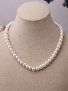 1入組短玻璃珍珠項鍊在優雅淺褐色適合女士,多種可用顏色 - 米色 - 查看 1