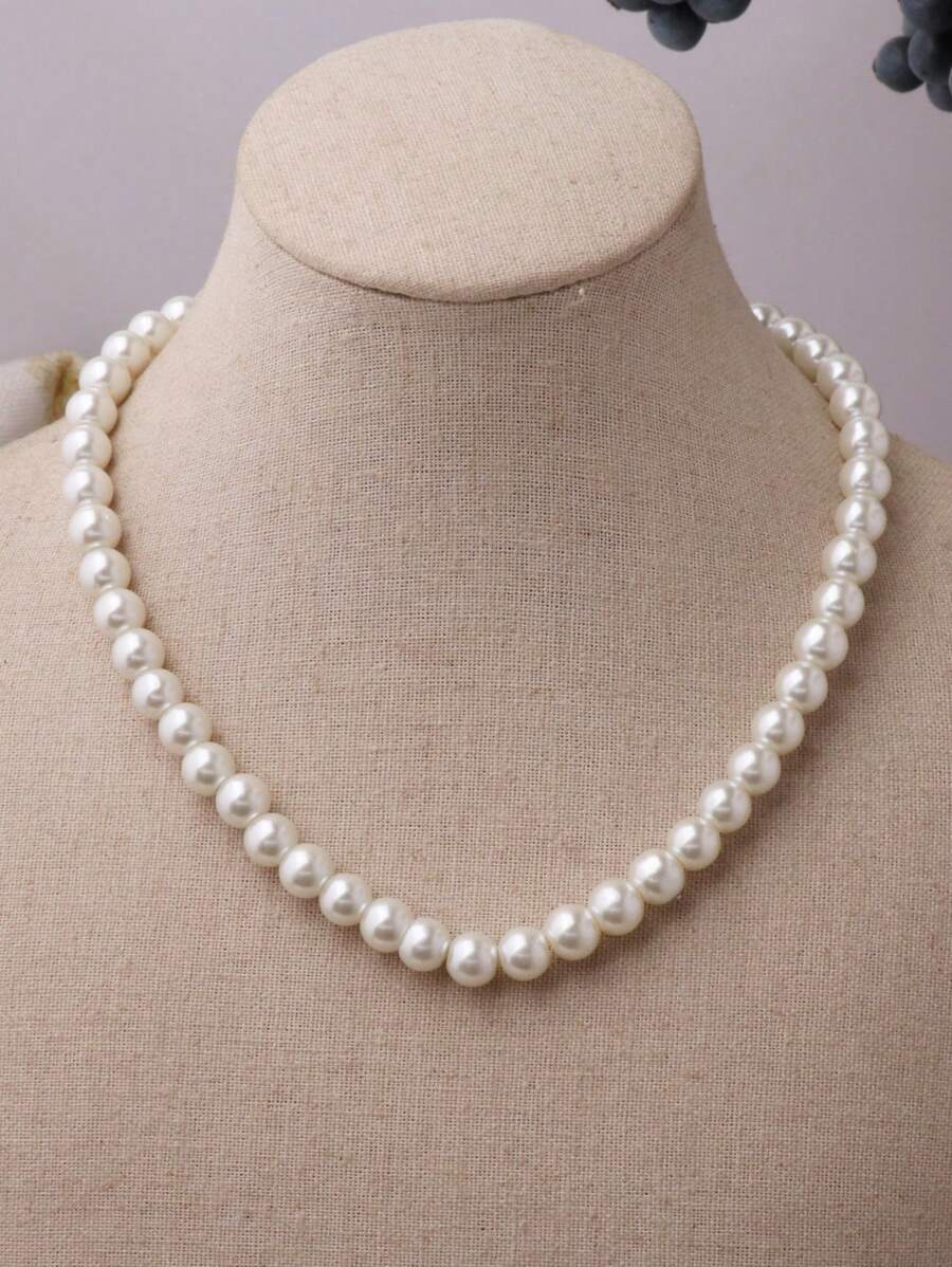 1入組短玻璃珍珠項鍊在優雅淺褐色適合女士,多種可用顏色 - 米色 - 查看 1