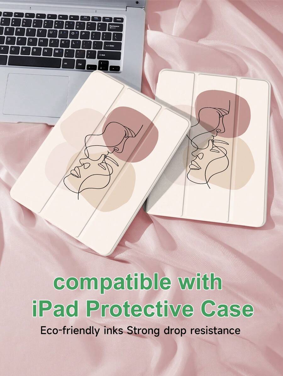 Line Woman Pattern Case Compatible With IPad With Pen Holder,Supports Automatic Sleep/Wake Lid - Multicolor - View 1
