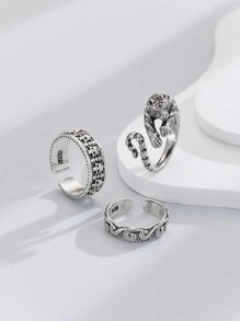 3pcs/set Fashionable Antique Silver Men's Rings, Daily Mix And Match Ring Set - Antique Silver - View 2