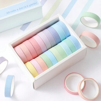 Set de 20 rollos de cinta adhesiva Washi de estilo macaron, cinta adhesiva de enmascarar arcoíris, de 10 mm (0.4 pulgadas) de ancho, cinta decorativa colorida, útiles escolares para manualidades DIY, scrapbooking, diarios, planificadores y papelería