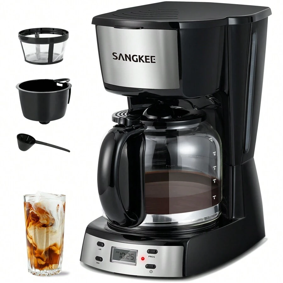 12-Cup Coffee Maker With 24-Hour Programmable Timer, 1.8L Drip Coffee Maker, Permanent Filter, Hot Plate, Anti-Drip System, Keeps Coffee Hot For Up To Two Hours, 900W - Black - View 1