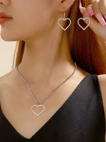 2pcs/Set Heart Shaped Diamond Decorated Simple & Casual European And American Women's Necklace & Earrings - Gold - View 2