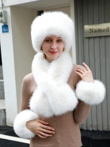 LEAJOURNO. 女士秋冬季時尚保暖三件套,經典甜美設計,包括帽子、圍巾和手套——防風頸部和手腕的保護,是冬季旅行必備! - 白色 - 查看 2