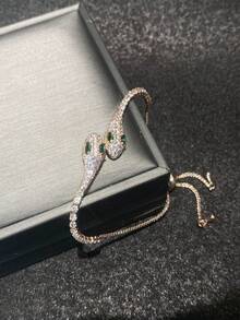 1 Pieza Pulsera Ajustable Elegante Con Diseño De Dos Serpientes Enroscadas Con Microincrustaciones - Pulsera de serpiente de ojos verdes - Ver 2