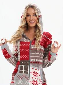 女士聖誕萬聖節法蘭絨連帽連體睡衣，家居穿著 - 彩色 - 查看 5
