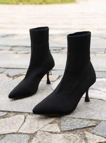 新款中筒靴，韓版全配針織靴，法式尖頭襪靴，低筒高跟細跟加大碼鞋，歐美過膝靴，彈性、修身、時尚的靴子（備註：尺碼較小，建議選大一號） - 黑色 - 查看 5