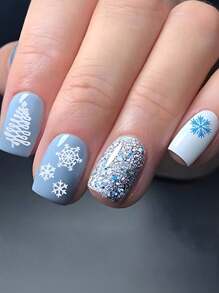 24入組短方形深藍色和聖誕主題美甲貼片,時尚大方,幾何線條和簡約設計,可愛又優雅的風格,配合彩繪膠皮貼等產品使用,適合節日、派對、約會和日常穿著,升級你的造型 - 霧霾藍 - 查看 1