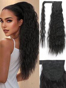 玉米波馬尾辮延長夾 - 22 英寸長波浪捲曲環繞馬尾辮耐熱合成假髮女式天然黑色 - 黑色 - 查看 1