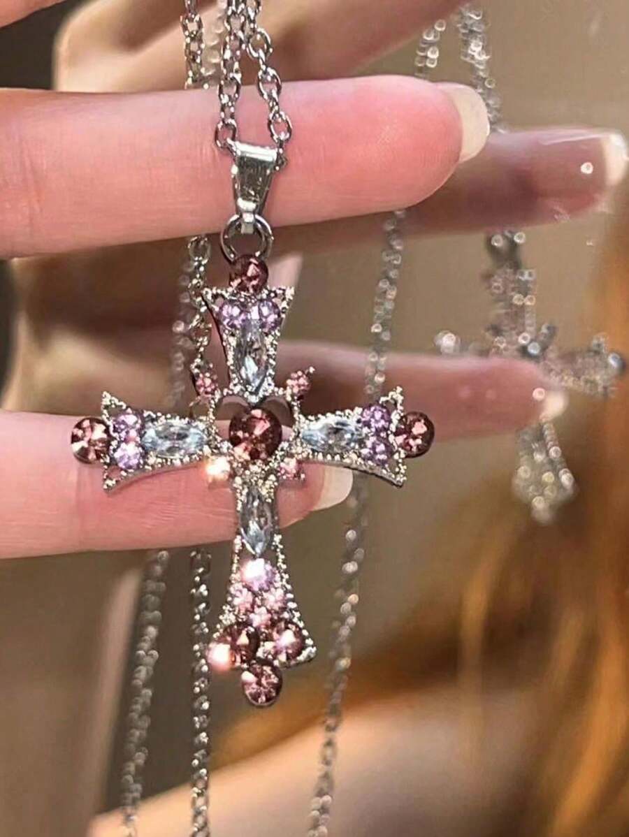 Punk Gothic Style Cross Pendant Necklace Suitable For Daily Wear - Pink - View 1