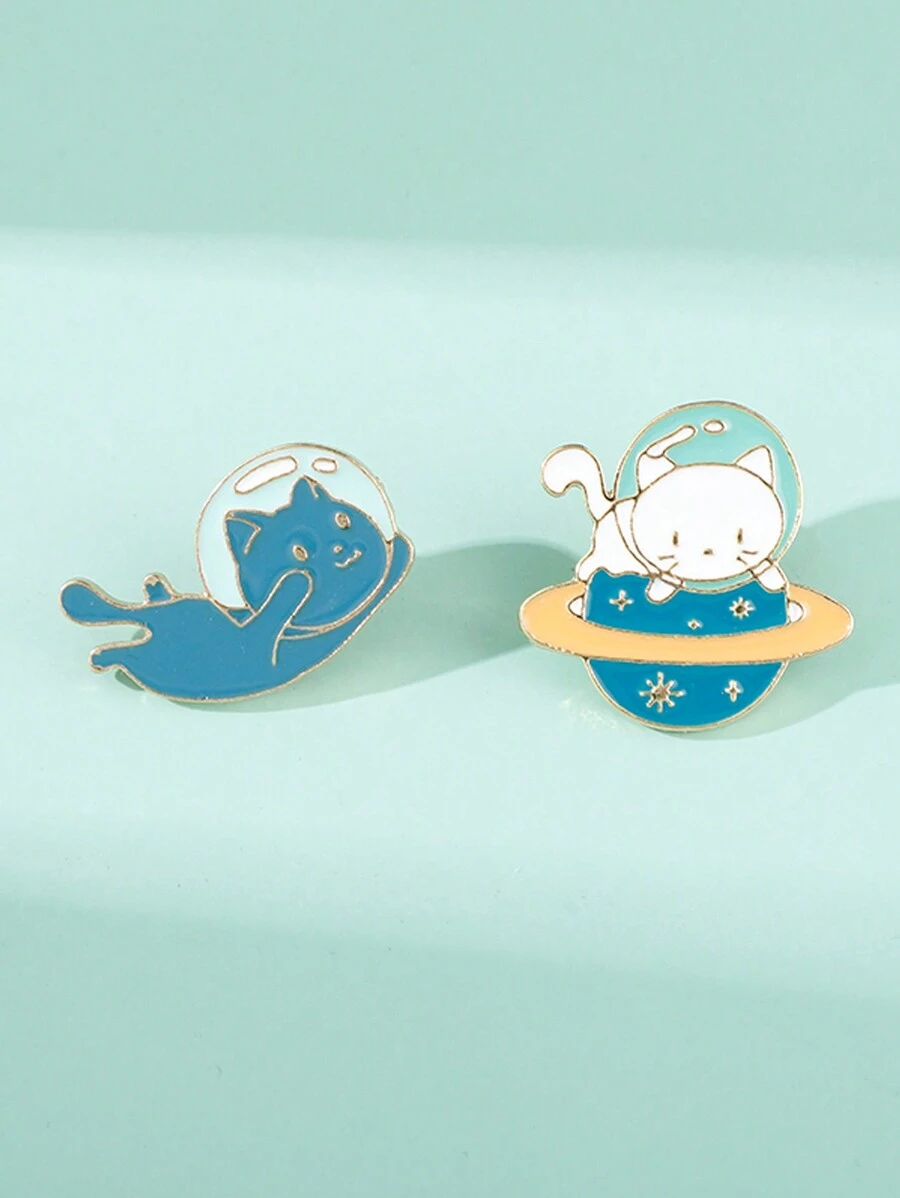 Bộ 2 ghim cài áo hình mèo, mặt dây chuyền ba lô thời trang đa năng, thiết kế hoạt hình dễ thương làm quà tặng cho bạn thân, phụ kiện cực kỳ hấp dẫn dành cho người yêu động vật và vũ trụ - Nhiều màu - Xem 1