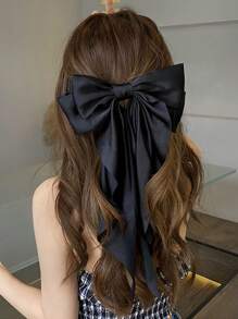 1pc Girl Black Bow Decor French Clip Long Tail French Hair Bows For Women Girl, Satin Silky Bow Hair Barrette, Bow Hair Dress Up Accessories For Birthday/Party/Show/Christmas/Independence Day Princess Fascinator With Satin Streamers Cute - Black - View 1