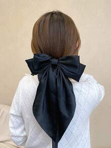 1pc Girl Black Bow Decor French Clip Long Tail French Hair Bows For Women Girl, Satin Silky Bow Hair Barrette, Bow Hair Dress Up Accessories For Birthday/Party/Show/Christmas/Independence Day Princess Fascinator With Satin Streamers Cute - Black - View 3