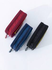 1入組貼布裝飾文具簡約風雙層筆包適用於學生文具收納 - 黑色 - 查看 8