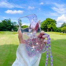 Valentines Phone Case With Card Holder With Phone Charm 1pc Sparkling Glitter Crystal Butterfly & Stars Design Phone Case With Hand Strap - Purple - View 7