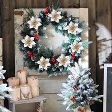 (12 件装) 闪光一品红圣诞树饰品，圣诞装饰花（白色），圣诞