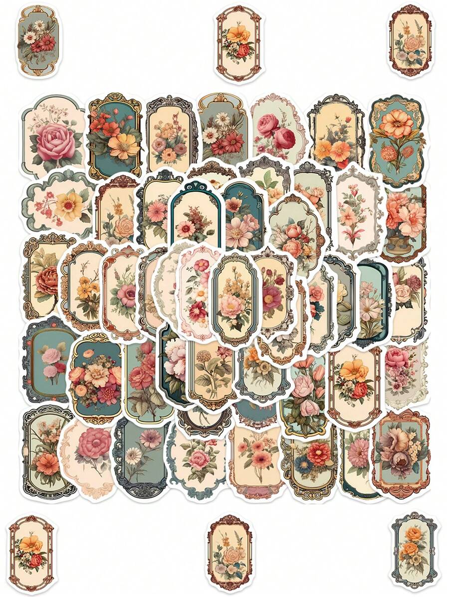 50pcs Vintage Floral Mirror Graffiti Stickers For Personalized Decoration Of Guitar, Notebook, Luggage, Waterproof