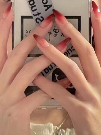 24 Pieces Of Short Almond-Shaped Gradient Smudged Pomegranate Red Nail Tips With 1 Rub Strip And 1 Jelly Glue Press On Nails Nail Supplies Nails