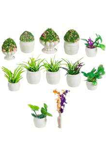 12入組 迷你娃娃屋植物和花卉,人工小盆栽綠植裝飾,小型掛式盆栽,娃娃屋裝飾用假模型花卉
