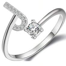 1件925銀可調節開口戒指,配有閃亮人造鑽石和26個字母a-z設計,適合女性日常穿著 - A - 查看 19