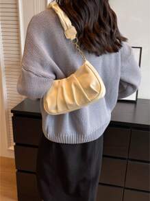 New Vintage Commuter Black Simple Pleated Cloud Shoulder Bag - Beige - View 3