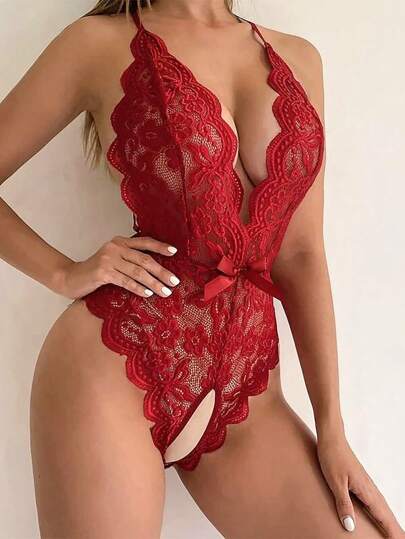 1pc Verleidelijke Lingerie Halter Neck Kanten Backless Bodysuit String Rave view 5