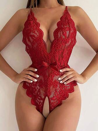 1pc Women's Sexy Lingerie Halter Neck Lace Backless Bodysuit With G-String For Rave