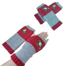 Cute 1pair Fashionable Flower & Bird Embroidery Color Block Fingerless Knitted Gloves For Women, Red - Red - View 3
